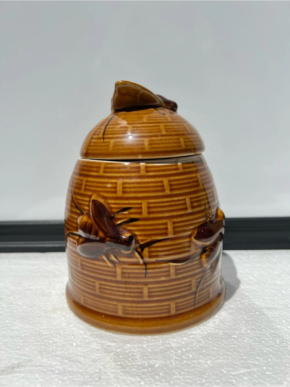 Vintage Bee Hive Honey Pot Jar Large Brown Ceramic with Lid Farmhouse Decor